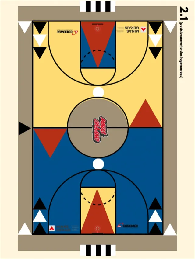 Desenho de projeto de uma quadra, com triângulos vermelhos, amarelo e azul e círculo central